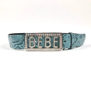Bebe Swarovski Crystal Logo Blue Snakeskin Belt